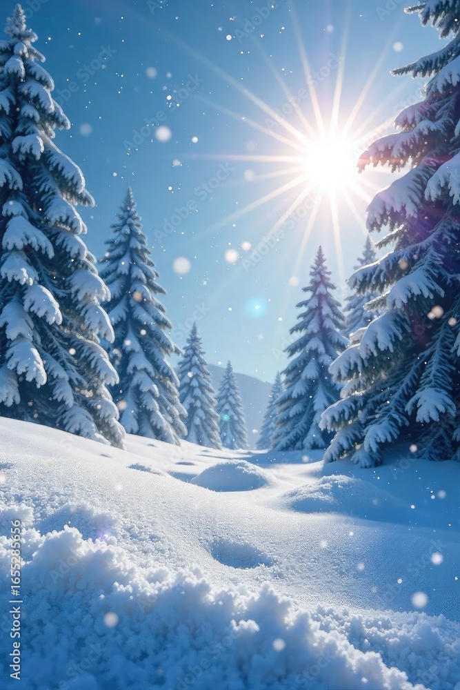 Fototapeta premium Brightly lit snowflakes fall on a pristine, snow-covered landscape under a radiant winter sky A magical scene of pure, untouched winter beauty , season, photograph, radiant