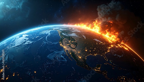 A dramatic view of Earth from space, showcasing a fiery inferno consuming a significant portion of the planet's surface, with contrasting cool tones of the unaffected regions, highlighted by city...