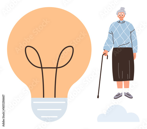 Elderly woman with cane beside a large lightbulb on a cloud. Ideal for aging, knowledge, guidance, wisdom, innovation, community, generational connection. A simple flat metaphor