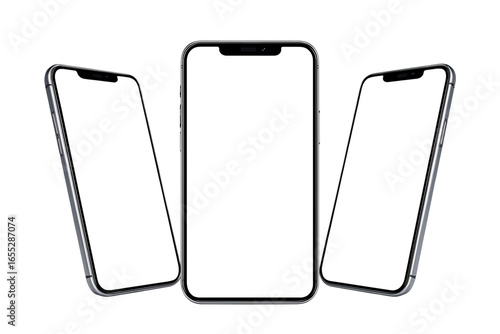 Three smartphones with blank screens for mockup, isolated on transparent background perfect for showcasing app designs and mobile websites