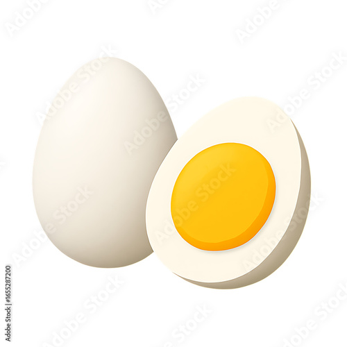 Two boiled eggs isolated on transparent background, one whole and one cut in half, a healthy source of protein for breakfast, lunch, or dinner