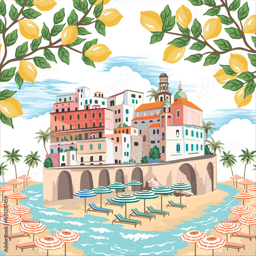 Amalfi coast, Italian town, beach, lounge chair, umbrella, lemon tree, palms, sea wave, island illustration. Summer Mediterranean print.