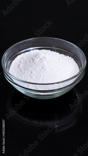 Fine White Powdered Substance in a Clear Glass Bowl on a Black Reflective Surface