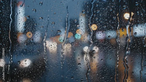 Raindrops on Glass Window with City Lights – Atmospheric Background
