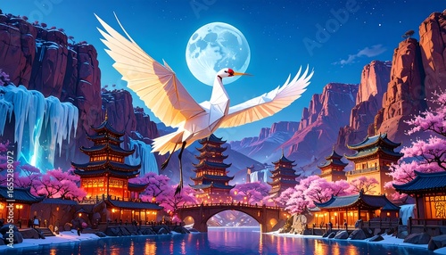 Majestic Crane in a serene Asian landscape