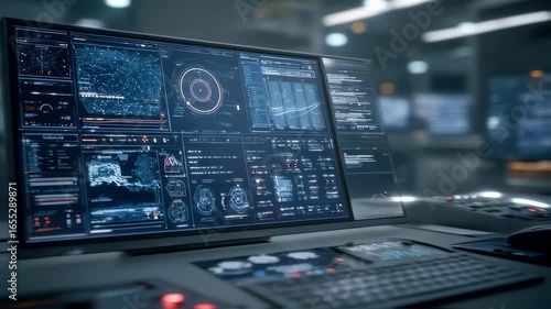 Wallpaper Mural Medium shot showing a futuristic workstation with a main screen displaying openstandard protocols for metaverse connectivity as peripheral devices and background activity fade into Torontodigital.ca