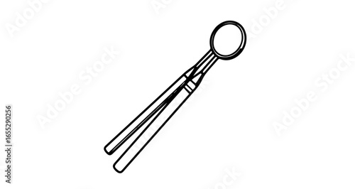 Object dental mirror and tweezers illustration for dentist tools and oral hygiene equipment in black and white line art vector