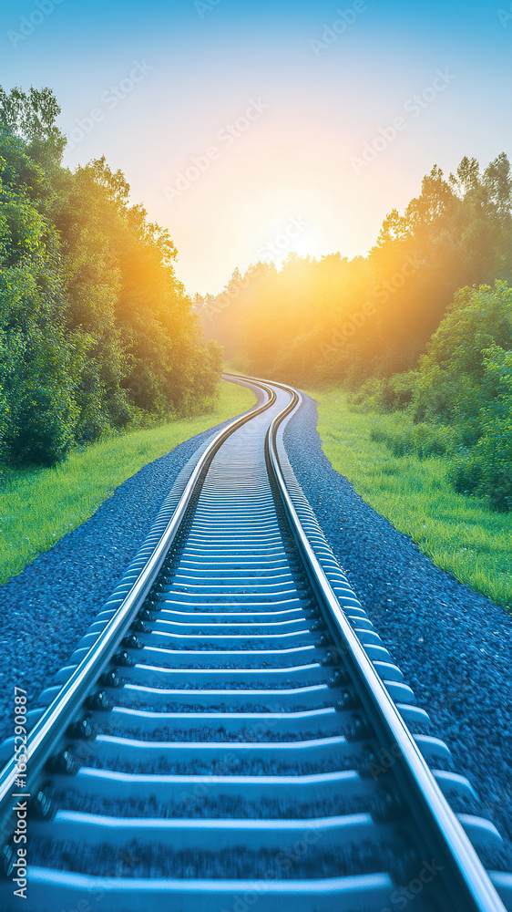 Fototapeta premium Winding Railroad Tracks through Green Forest at Sunset Perspective View