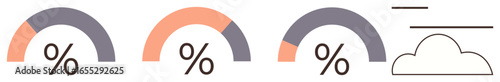 Three colorful semicircle progress gauges with percentages and a cloud outline representing data tracking. Ideal for progress tracking, analytics, data sharing, cloud technology, business