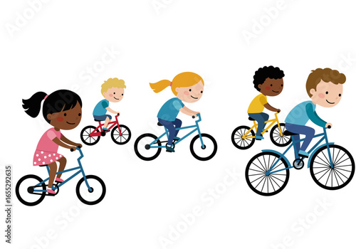 Diverse Group of Children Riding Bicycles Together Cartoon Style.