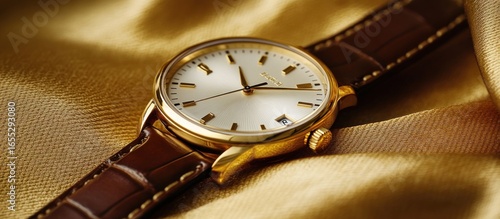 Gold wristwatch on a gold fabric background