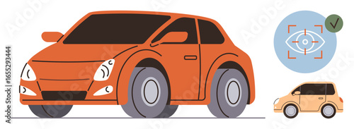 Orange compact car with large wheels beside eye-tracking system icon and approved sign. Ideal for technology, transportation, safety, automation, innovation, driverless cars, smart systems. Simple