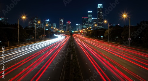 A dynamic, blurred long-exposure shot of city traffic at night, showing trails of red and white lights against the dark backdrop of a city skyline. The feeling should be one of energy, movement, and t