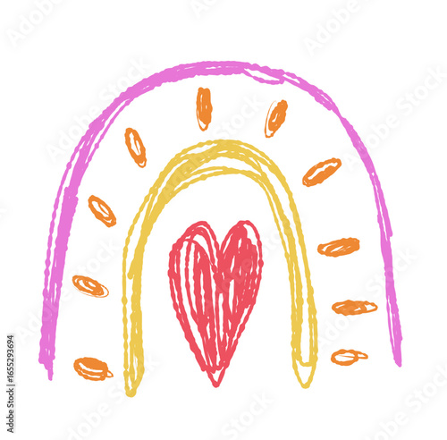 Cute childlike rainbow with heart drawn with marker and crayon pencil