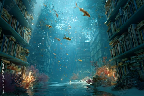 Drifting Underwater Library: A Fantasy Book Haven