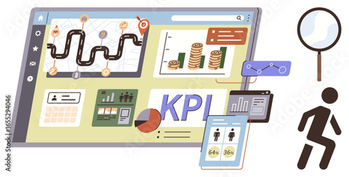Digital dashboard featuring KPI metrics, charts, financial data, progress tracking, analytics tools, magnifying glass, and user activity. Ideal for business, analytics finance goal monitoring data