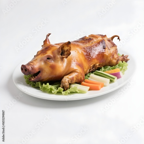 Whole Roasted Lechon or Suckling Pig Served on a Platter with Vegetables