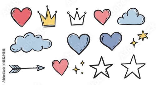 Line brush heart vector set. Hand drawn sketch doodle style arrow, cloud, star with marker stroke pencil highlight. Cute handwritten crown, heart, star line brush art design. Vector illustration
