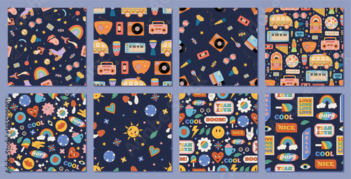 Groovy retro seamless pattern set displays colorful y2k sticker background with smiley, rainbow, sun, heart and flower. Vibrant seamless pattern creates cool and fun style for trendy sticker pack.