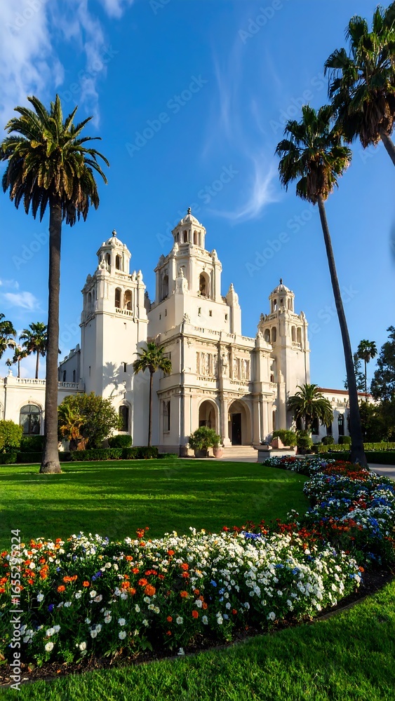 Fototapeta premium White building with palm trees and flowers