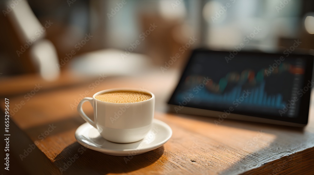 Coffee cup and a tablet displaying a stock market chart on a wooden table, symbolizing finance and trading analysis during a break. Coffee cup and a tablet displaying a stock market chart on a wooden table, symbolizing finance and trading analysis during a break.