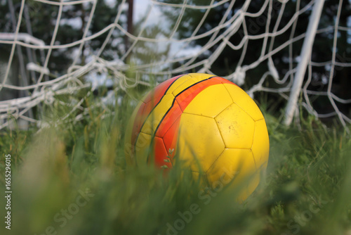 Colorful yellow and red soccer ball caught in white goal net on green grass field, outdoor sports action scene with blurred background. Concept of sports clubs, youth training, recreational programs.