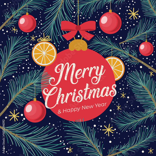 Merry Christmas greeting card, poster, holiday background with Christmas plants. Modern Xmas design with pine branches. Christmas trees and orange slices. Festive Christmas background. Vintage style