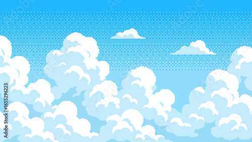 Pixel art blue sky background with white clouds. Digital cartoon landscape for game design asset or ui element.