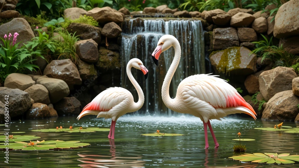 Fototapeta premium Flamingo Couple by a Waterfall. Two Flamingos in a Romantic Pond. Pair of White Birds in a Tropical Garden