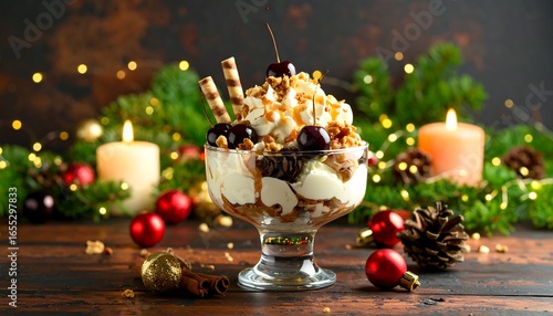 A decadent ice cream sundae, adorned with candied cherries, whipped cream, and crispy waffle sticks, sits atop a bed of chocolate sauce and nuts, in a clear glass bowl, amidst a festive Christmas...