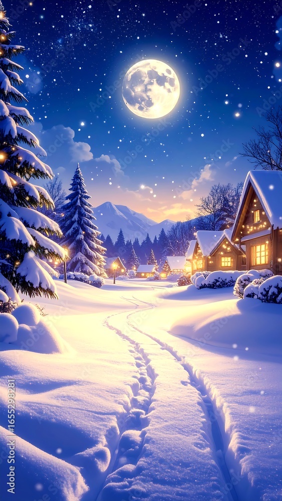 Naklejka premium Snowy winter village at night under a full moon