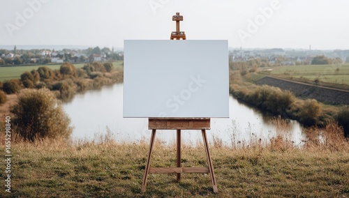 Blank canvas on wooden easel outdoors, overlooking a tranquil river valley landscape on a calm autumn day