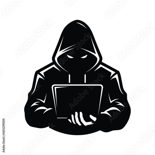 Mysterious Hacker with Laptop A Silhouette of Digital Intrigue in Vector Art