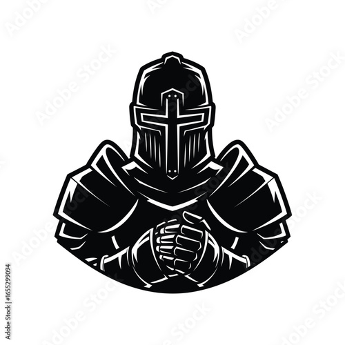 Vector illustration of a medieval crusader knight in full armor. A templar warrior with a cross on his helmet as a symbol of faith.