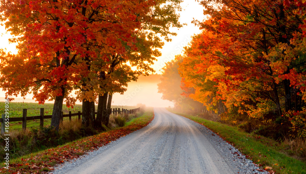 Naklejka premium Autumn Country Road with Colorful Trees and Morning Fog