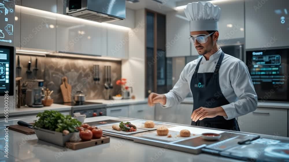 A futuristic chef's modern kitchen uses a virtual touchscreen interface, showcasing innovative digital cooking technology with interactive culinary science. 4k video A futuristic chef's modern kitchen uses a virtual touchscreen interface, showcasing innovative digital cooking technology with interactive culinary science. 4k video