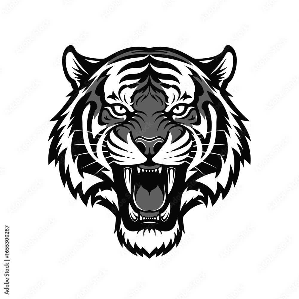 Fototapeta premium A stylized, black and white graphic of a tiger's head, roaring.