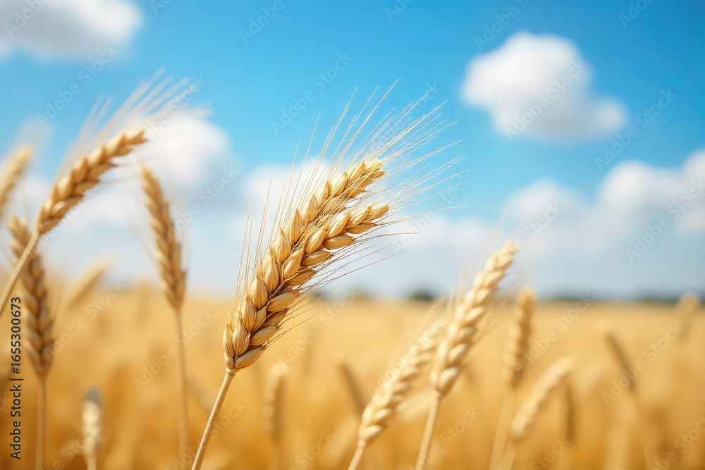 Fototapeta premium Close-up shot of wheat stalks swaying gently in a summer breeze, illustrating the concept of a sheaf of wheat, representing abundance and harvest , golden, botany