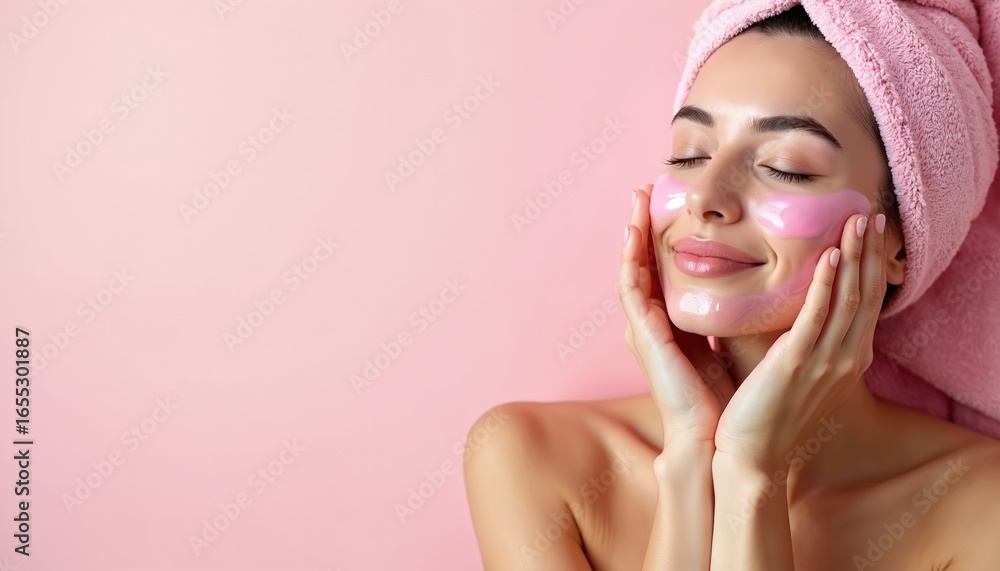 Young woman towel head enjoys skincare treatment. Glowing healthy face with pink under-eye patches. Relaxed serene beauty, soft pink background, pampering facial therapy, smooth skin rejuvenation. Young woman towel head enjoys skincare treatment. Glowing healthy face with pink under-eye patches. Relaxed serene beauty, soft pink background, pampering facial therapy, smooth skin rejuvenation.