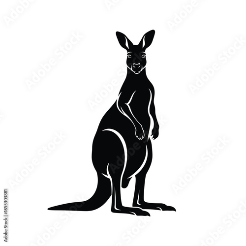 A silhouette of a kangaroo standing upright, facing forward, showing its features.