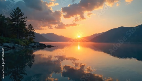Serene sunrise over a tranquil lake, reflecting the golden light; a peaceful scene evoking feelings of spiritual energy and inner peace , spiritual awakening, sky, contemplation