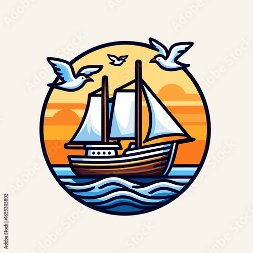 Sailboat sailing on wavy water with seagulls and sunset