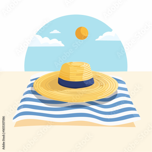 Straw Hat On Beach Towel Under Sunny Sky