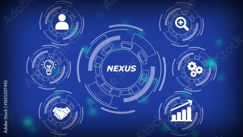 Digital nexus with icons for business and technology on blue background connection network
