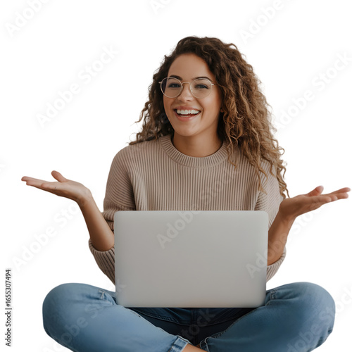 Smiling woman with laptop gesturing enthusiastically, perfect for online learning and remote work inspiration.