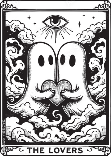 The Lovers Tarot Card with Ghost Couple and Eye Symbol