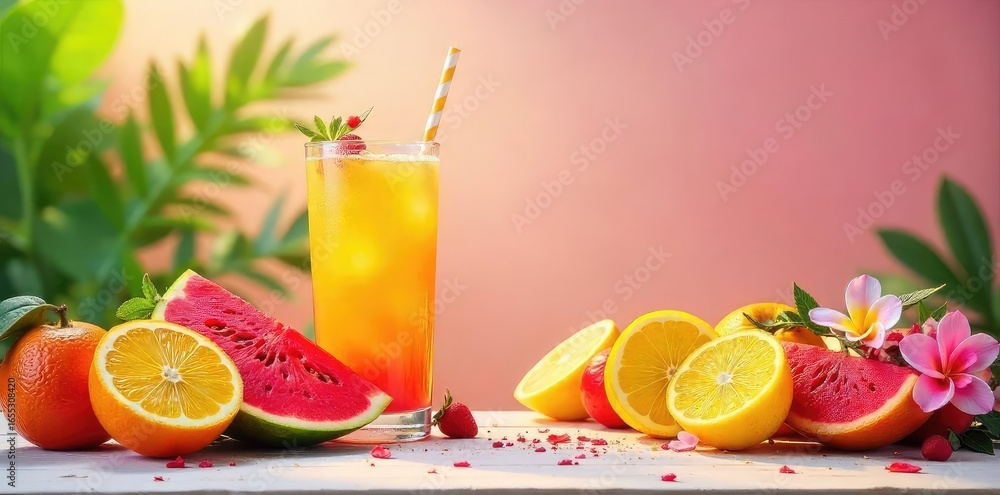 Fototapeta premium Vibrant summer scene with juicy fruits, bright flowers, and a refreshing drink, perfect for summer vibes and vacation themes , happy, refreshing, pattern