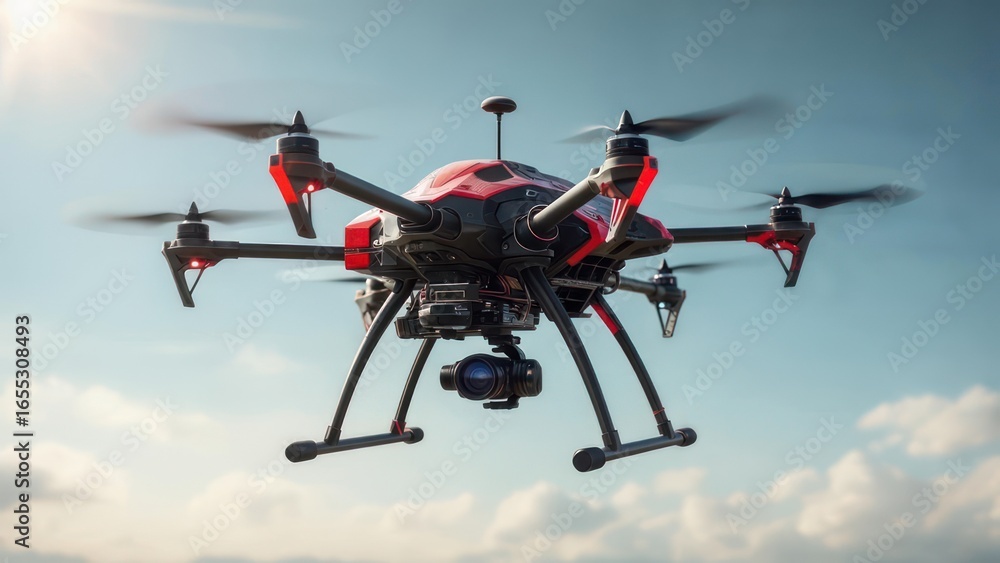 Drone in flight against a partly cloudy sky Drone in flight against a partly cloudy sky