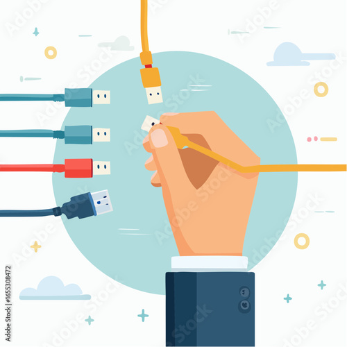 Hand Connecting Different Colored Usb Cables
