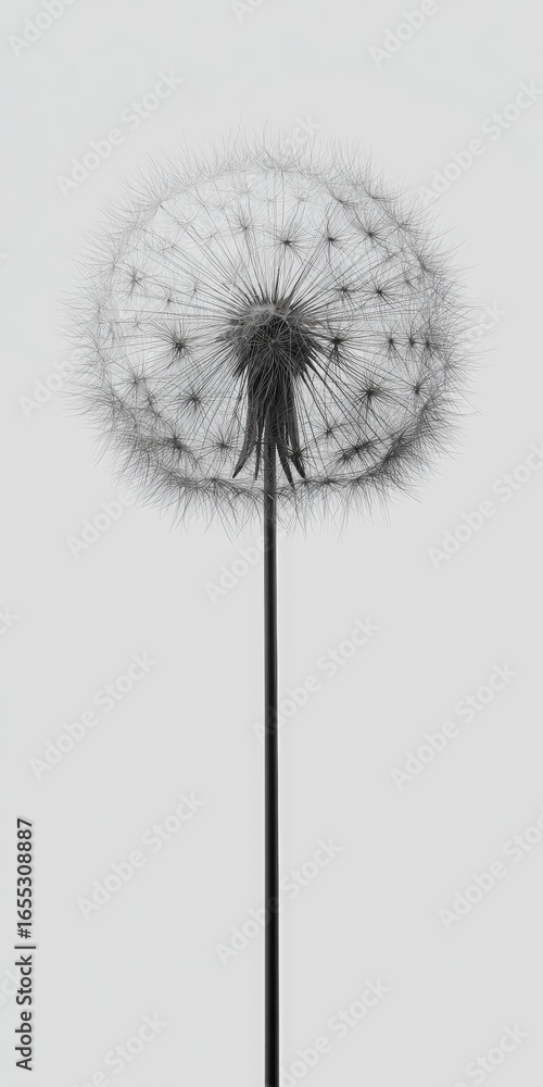 custom made wallpaper toronto digitalMonochrome close-up of a dandelion seed head, showcasing its delicate, wispy structure atop a slender, dark stem against a muted gray background